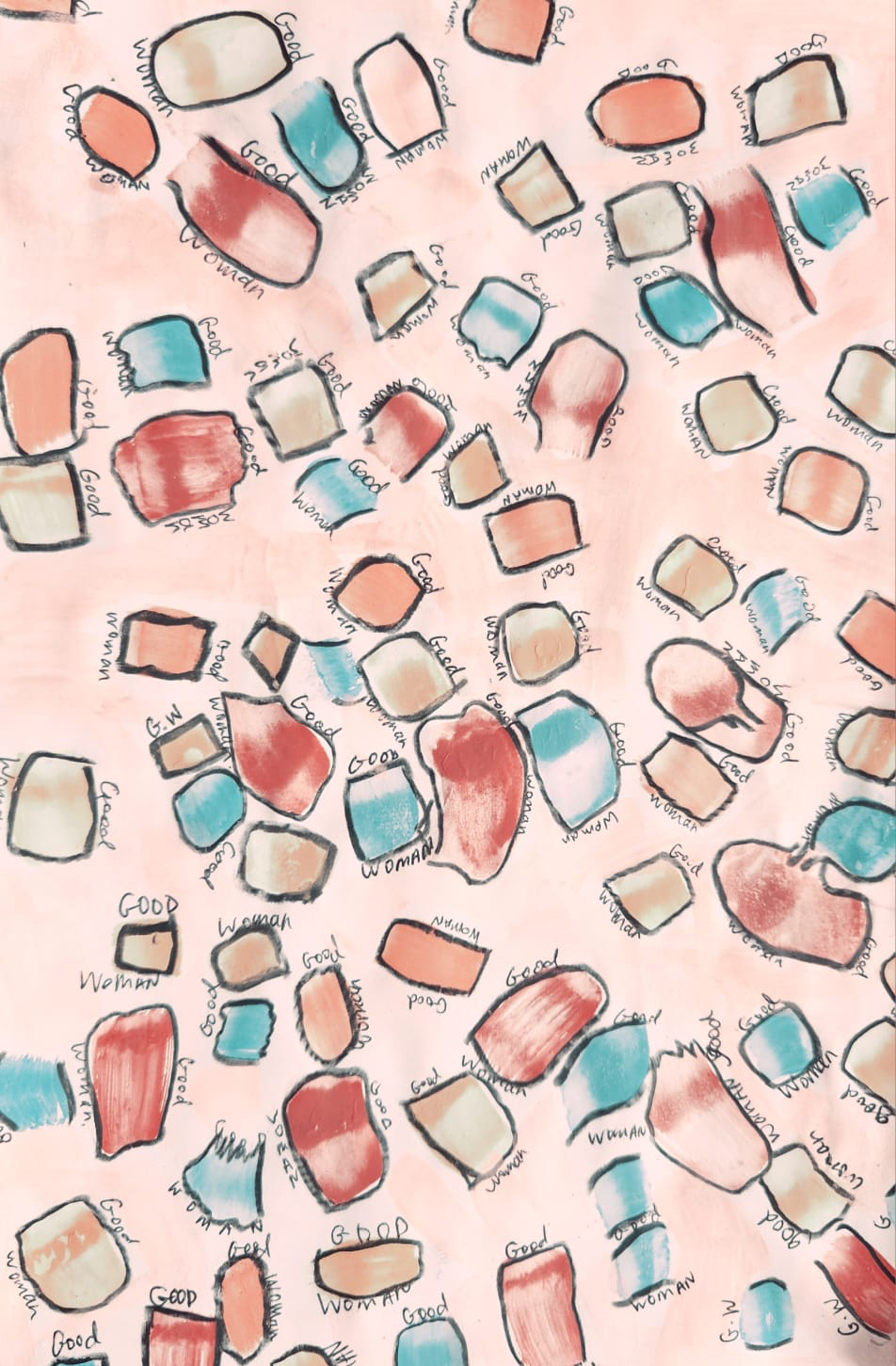Good Woman — hand-painted illustration featuring terracotta, teal, and cream watercolour shapes